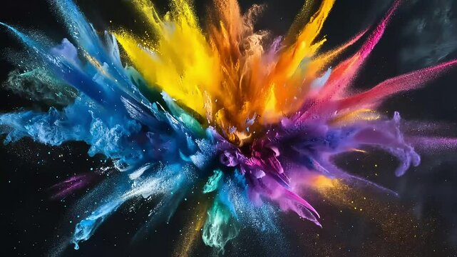 Vibrant explosion of colorful paint against dark background: dynamic burst in high-speed stock footage