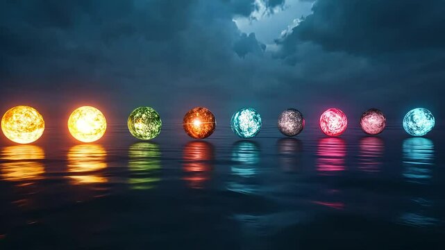 Vibrant spheres align over ocean at twilight, illuminating the horizon with dynamic reflections