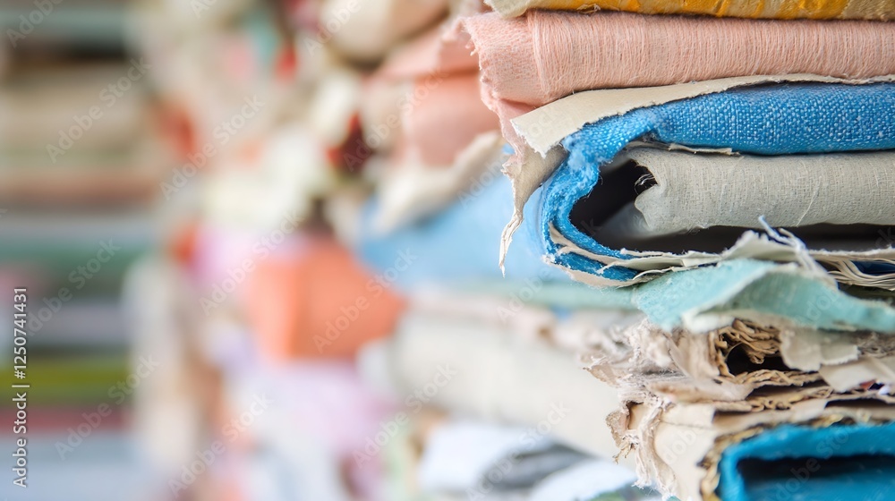 Poster colorful stack of fabric rolls in a workshop showcasing vibrant textiles and materials used in fashi