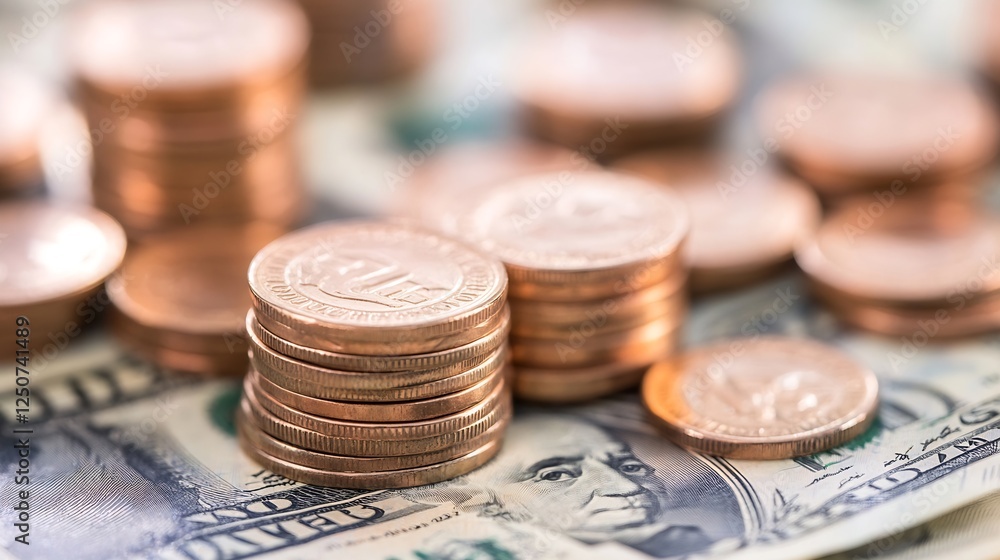 Poster closeup of copper coins arranged on top of paper currency showcasing wealth and financial transactio