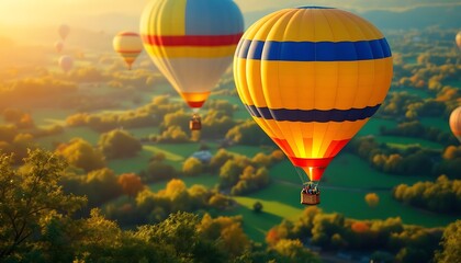 Obraz premium Golden Hour Hot Air Balloons: Serene Autumn Landscape