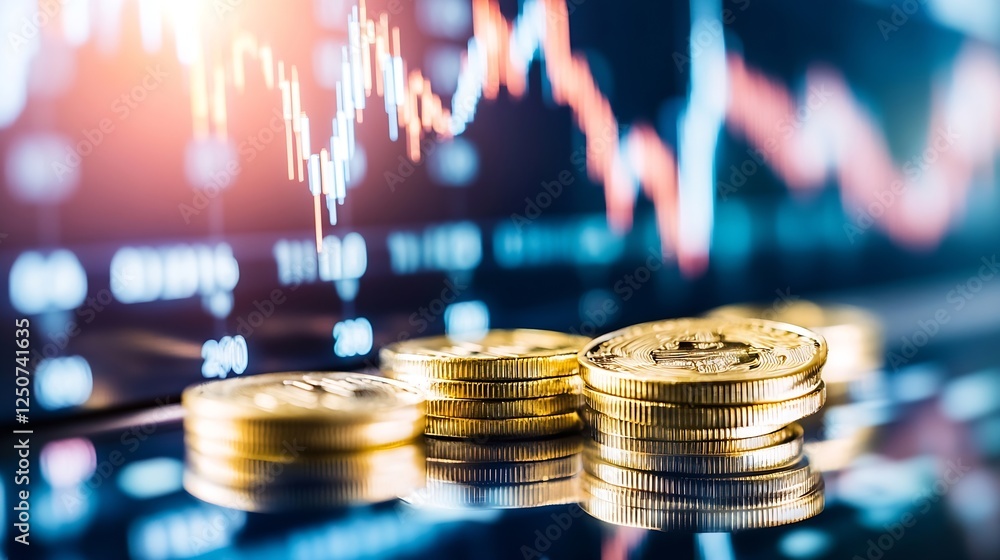 Aufkleber closeup of stacked coins representing cryptocurrency on a digital financial graph background : gener