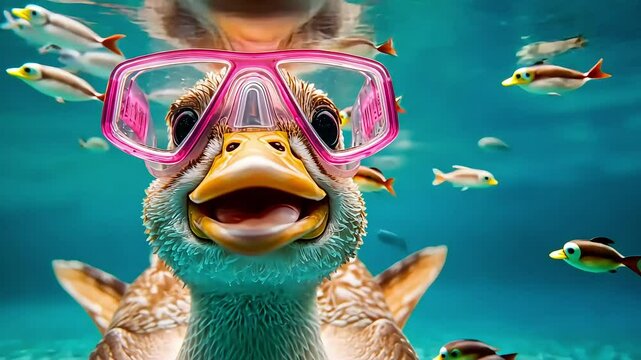 duck in pink goggles: playful underwater adventure with fish companions in vibrant ocean setting