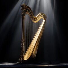 Elegant Gold Harp in Spotlight with Dark Background Setting