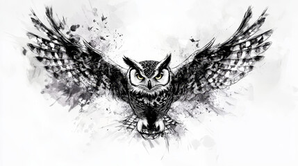 Stylized black and white doodle sketch of an owl in side view