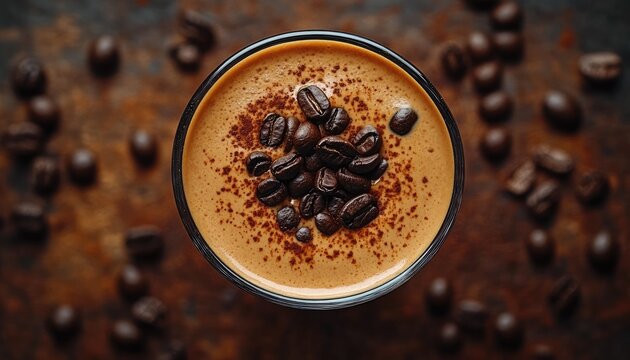Creamy coffee topped with coffee beans and cocoa powder. Perfect for menus, blogs, or articles about coffee.