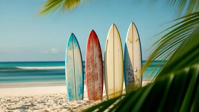 Vibrant surfboards on tropical beach with palms under clear skies