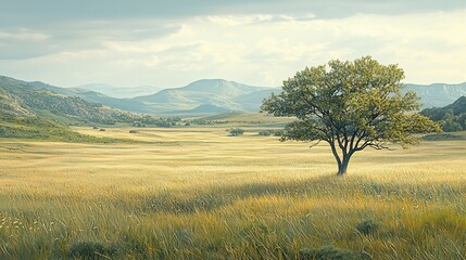 Fototapeta premium Lone tree standing amidst a vast, golden field, under a cloudy sky. Nature backdrop