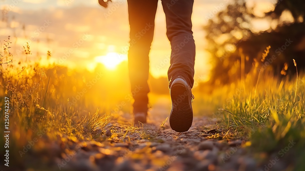 Poster man leisurely strolling along a gravel path surrounded by nature during a stunning sunset : generati