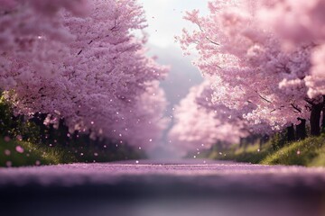 Pink Cherry Blossoms Line Road In Spring