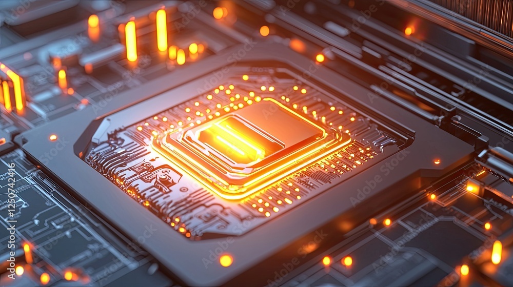Poster printer innovation progressive, glowing microprocessor on circuit board with neon lights in high-tec