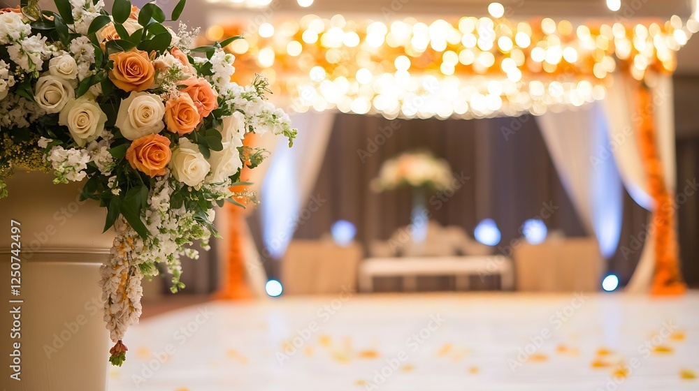 Poster beautiful floral arrangement with roses in warm tones set against a lively event backdrop : generati