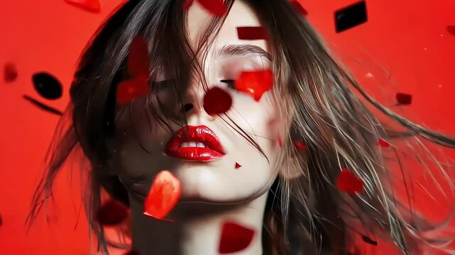 Enchanting glamour: slow motion beauty with confetti on vibrant red backdrop