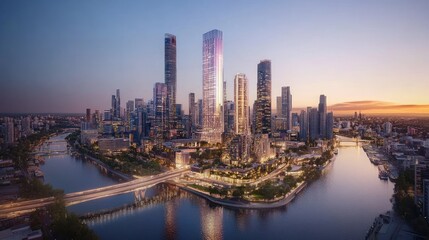 Fototapeta premium Stunning sunset cityscape with skyscrapers and river.