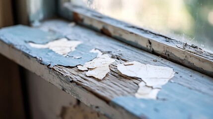 Fototapeta premium Close up of weathered paint peeling from an old wooden window sill in natural light : Generative AI