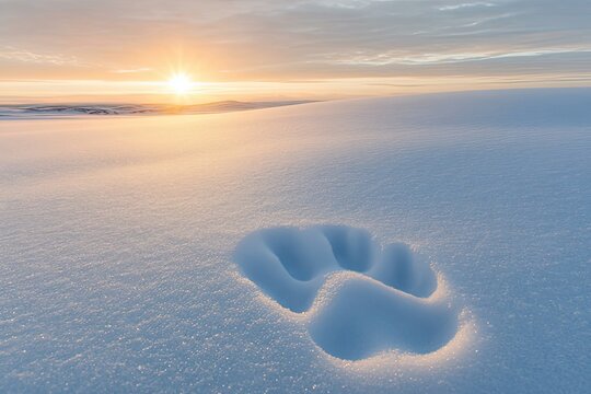 A lone polar bear paw print in the snow.