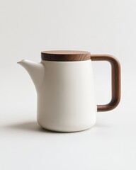 White ceramic teapot with wooden lid and handle.