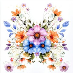 Colorful floral arrangement with various flowers and leaves, creating a harmonious pattern.