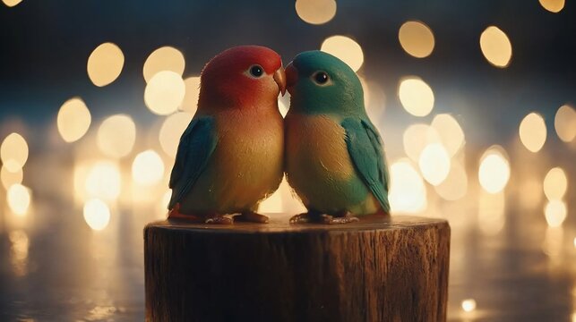Lovebirds kissing on a stump, soft-focus bokeh background. Romantic image for Valentine's Day cards or wedding invitations