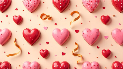 Heart-shaped treats and caramel ribbons arranged with uniform spacing on a soft beige or brown surface, perfect for creating a sweet and romantic texture