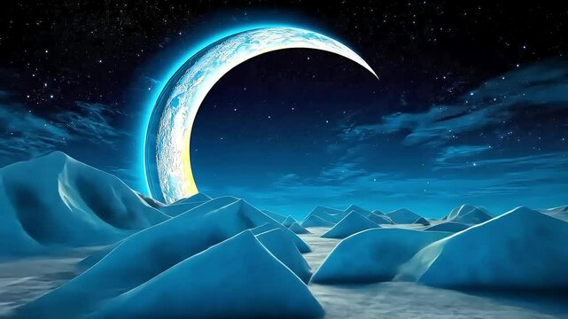 Celestial harmony: glowing crescent moon over ice-covered landscape in starry night sky