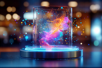 High-tech interactive hologram with 3D rotating visualizations of scientific data and multi-colored floating particles representing various datasets in a futuristic setting