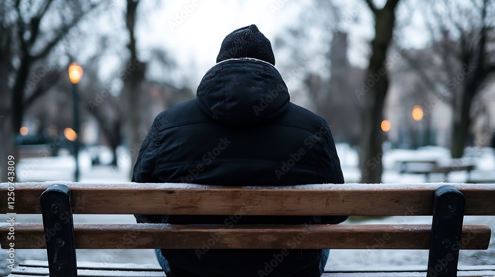 Aufkleber Man sitting on a park bench surrounded by trees in winter contemplating life's path : Generative AI