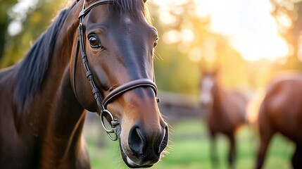 Obraz premium Captivating closeup of a majestic brown horse grazing quietly in a golden evening light : Generative AI