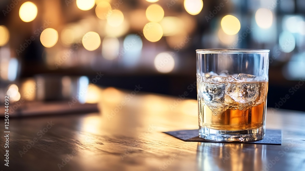 Aufkleber Whiskey Glass Filled with Ice Cubes on a Wooden Bar Surface with Atmospheric Bokeh Lights in the Background : Generative AI