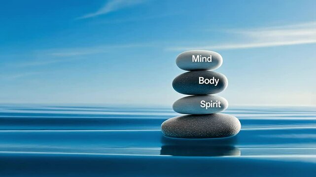 Serenity and balance: mind, body, spirit harmony reflected in zen stones on water