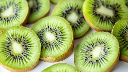 Fototapeta premium Perfectly sliced kiwi showing vibrant green seeds against the white background.