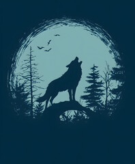 Howling wolf under full moon night forest digital art mysterious environment artistic concept