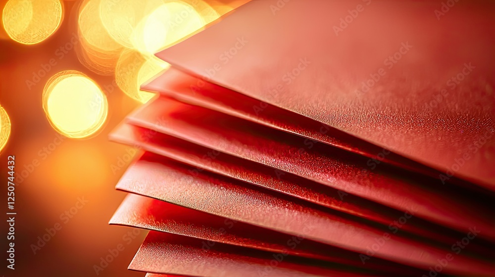 Poster stack of vibrant red paper with warm glowing bokeh background