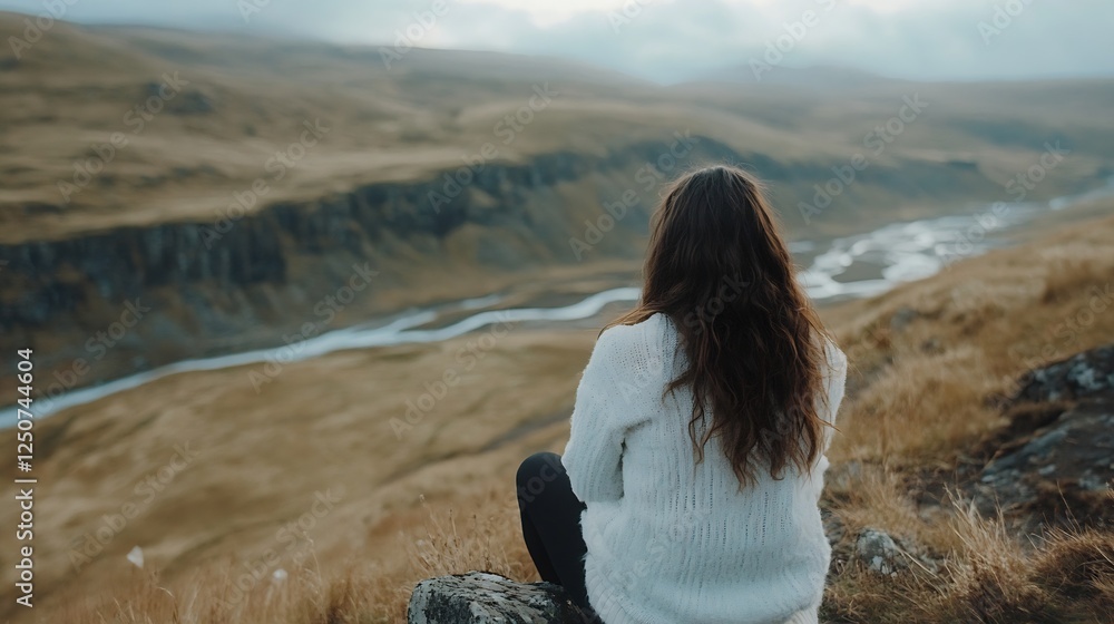 Poster serene individual sitting on a rock overlooking a vast open valley reflecting on nature and solitude