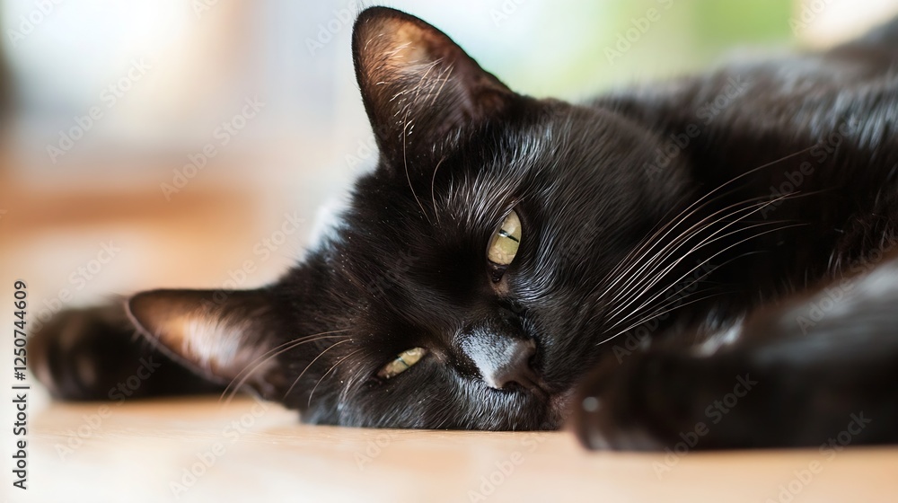 Poster peaceful black cat resting on a wooden surface with sleepy expression in natural light : generative 