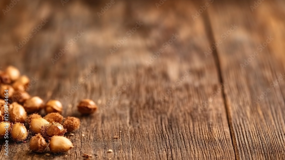 Aufkleber Close up view of scattered corn kernels on rustic wooden background for agricultural themes : Generative AI