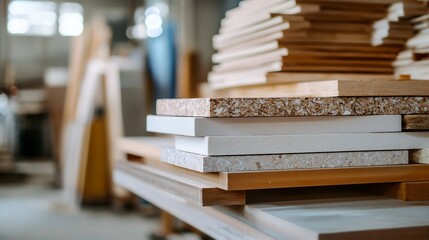 Fototapeta premium Stacked wooden boards in a workshop showcasing various materials and textures for creative projects : Generative AI