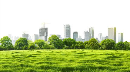 Obraz premium A vibrant green grassy field with trees and modern city buildings in the background creates a beautiful contrast. This serene landscape illustrates the harmony between nature and urban life. 