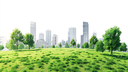 Fototapeta premium A vibrant green grassy field with trees and modern city buildings in the background creates a beautiful contrast. This serene landscape illustrates the harmony between nature and urban life. 