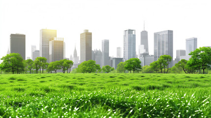 Fototapeta premium A vibrant green grassy field with trees and modern city buildings in the background creates a beautiful contrast. This serene landscape illustrates the harmony between nature and urban life. 