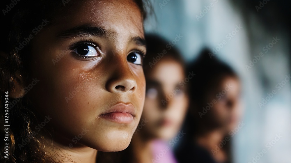Poster thoughtful girl gazes intensely with emotion showcasing depth and contemplation in a candid portrait