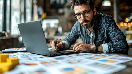Focused Graphic Designer Working On Laptop And Graphics Tablet