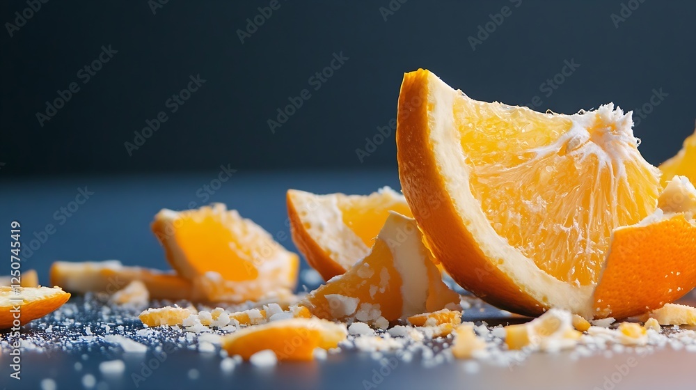 Poster juicy orange slices and peels scattered on a dark surface capturing their vibrant color and texture 