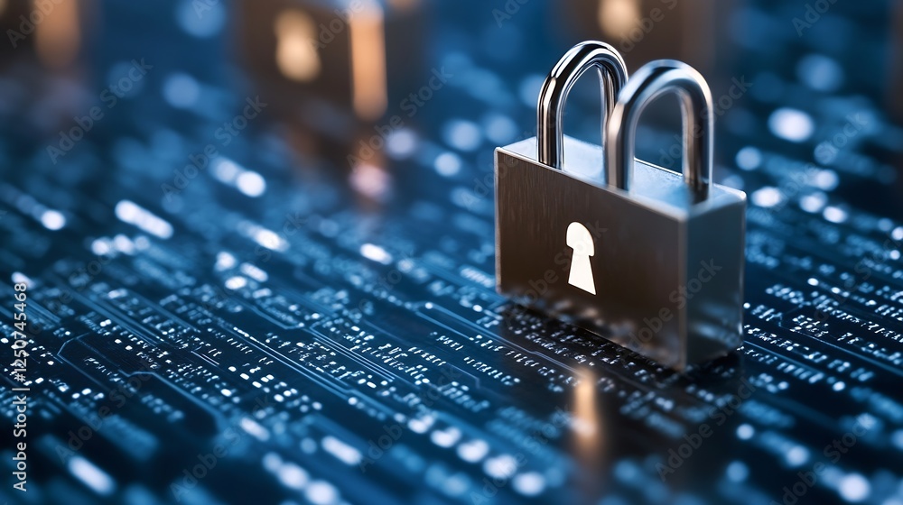 Poster Digital security concept with a shiny padlock on a dark binary background showcasing data protection : Generative AI