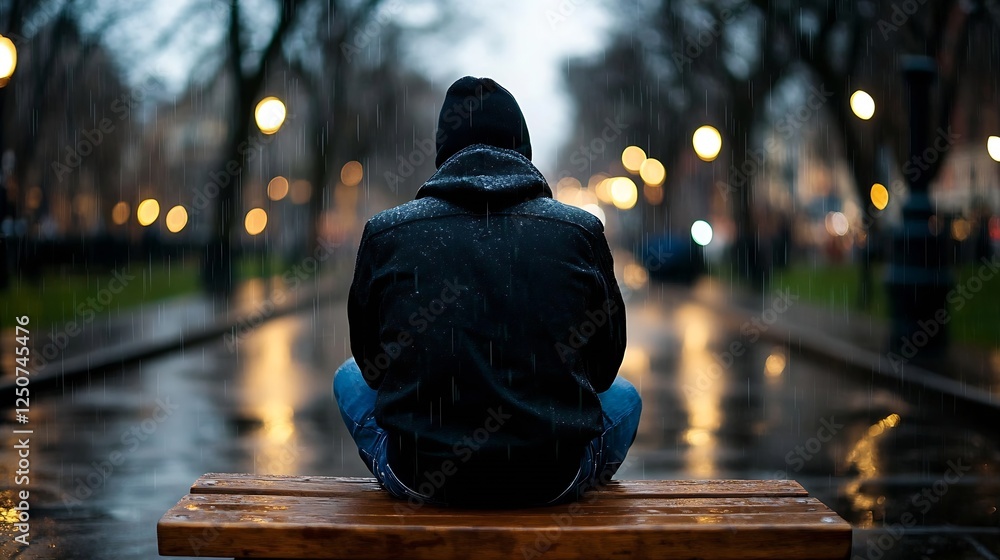 Poster a solitary figure sitting in the rain on a park bench during a gloomy evening with street lights glo