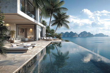 Fototapeta premium Luxury villa with infinity pool overlooking tropical ocean and islands