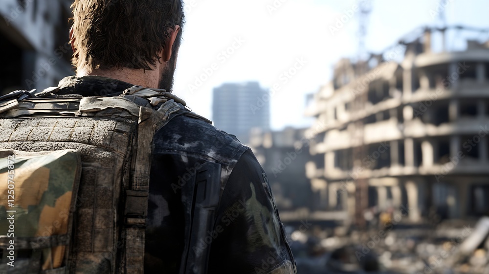 Poster back view of a rugged man standing in a desolate urban landscape with ruins and skyscrapers : genera