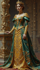 Obraz premium Royal Green and Gold Queen's Gown for Blogs, Historical Reenactments, and Costume Exhibits
