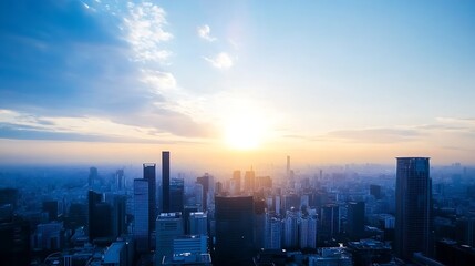 Fototapeta premium Stunning view of a sprawling urban skyline illuminated by the warm hues of a sunset in a bustling city : Generative AI