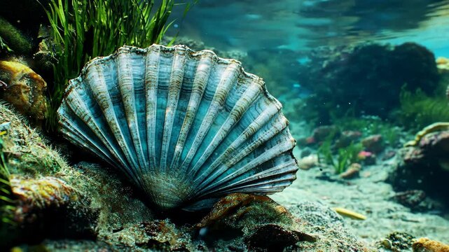 Underwater view of a scallop shell resting on the ocean floor amidst seaweed and coral in a vibrant aquatic environment